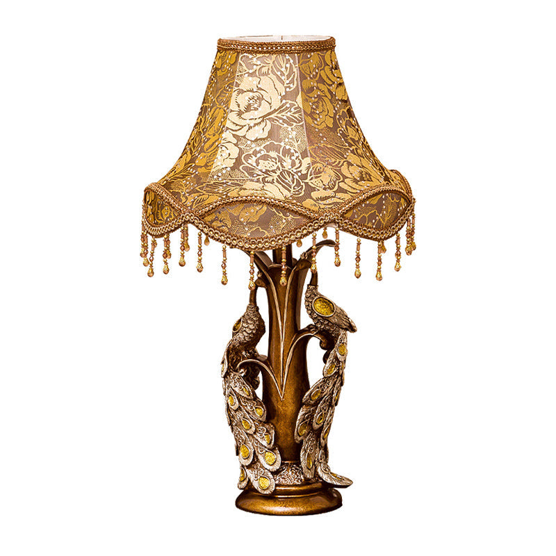 Noemi - Rose Print Fabric Table Lamp With Peacock Decoration In Gold