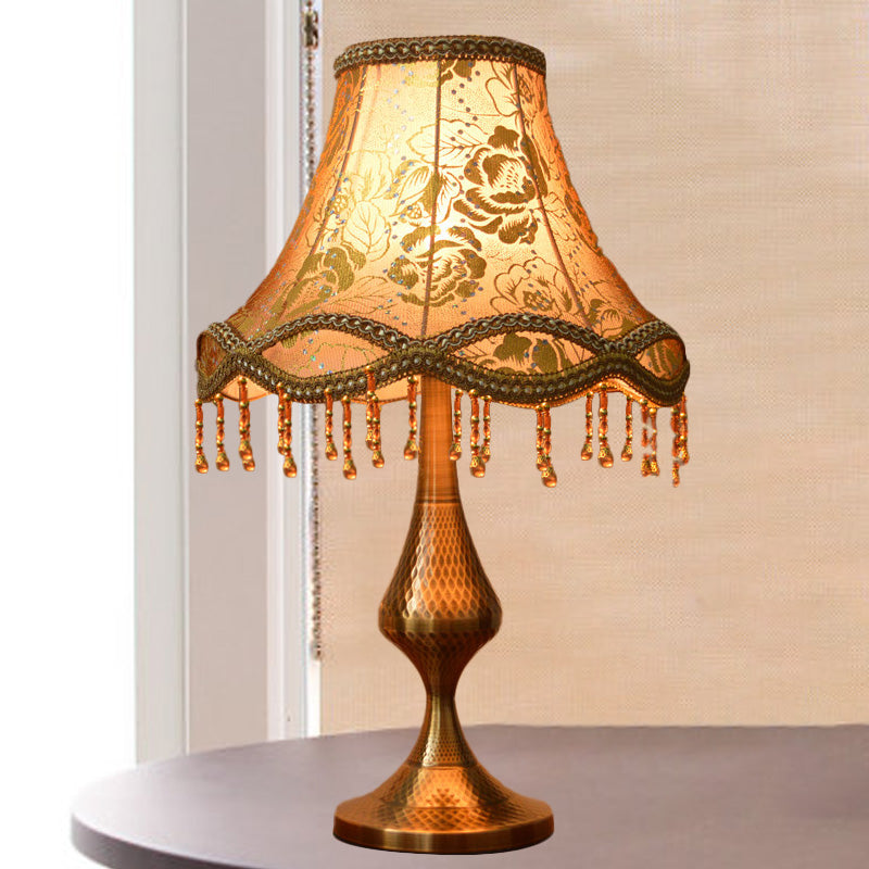 Thérèse - Vintage Brass 1 Head Night Stand Lamp Floral Print Fabric Flared Table Light With