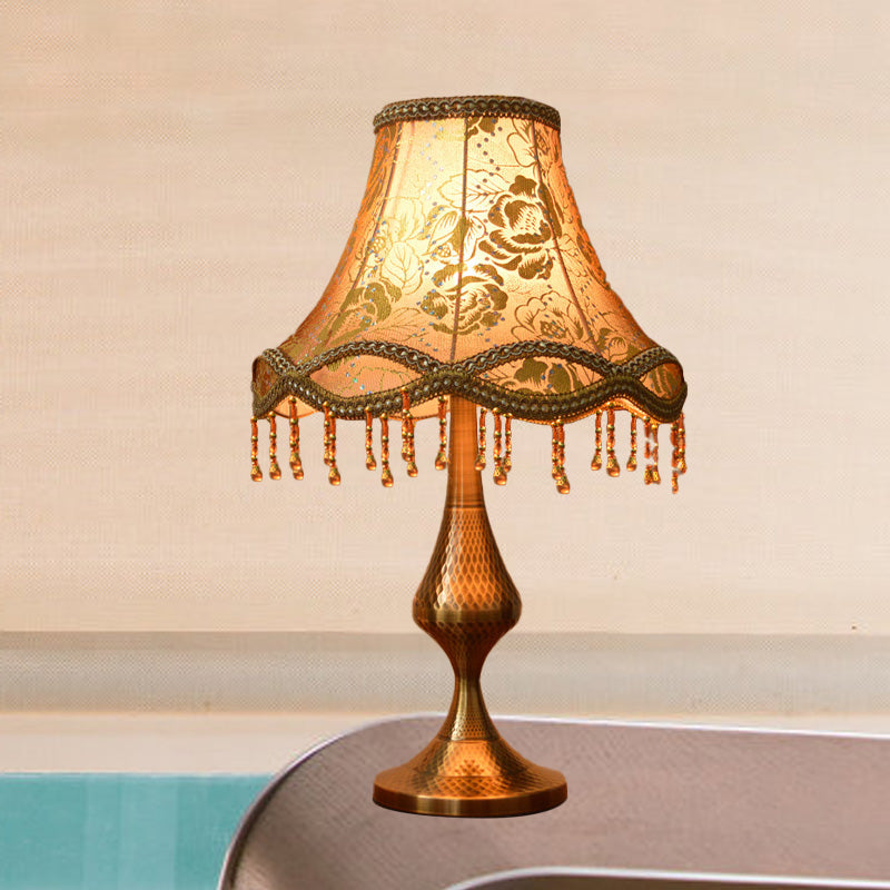 Thérèse - Vintage Brass 1 Head Night Stand Lamp Floral Print Fabric Flared Table Light With