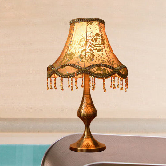 Thérèse - Vintage Brass 1 Head Night Stand Lamp Floral Print Fabric Flared Table Light With