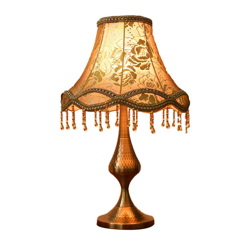Thérèse - Vintage Brass 1 Head Night Stand Lamp Floral Print Fabric Flared Table Light With