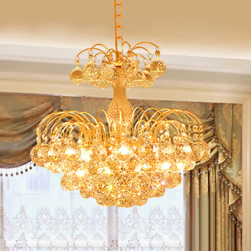 Gold 6 Lights Hanging Chandelier Classic Crystal Prisms Fountain Pendulum Light For Dining Room