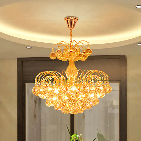 Gold 6 Lights Hanging Chandelier Classic Crystal Prisms Fountain Pendulum Light For Dining Room