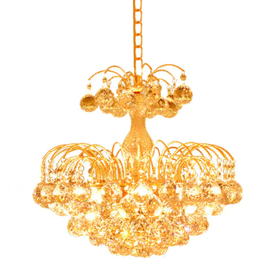 Gold 6 Lights Hanging Chandelier Classic Crystal Prisms Fountain Pendulum Light For Dining Room