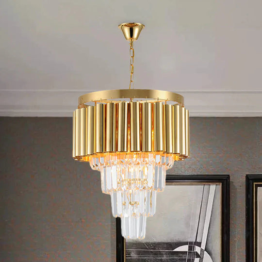 Crystal Flute Tapered Ceiling Chandelier Traditional 5 Bulbs Dining Room Suspension Light In Gold