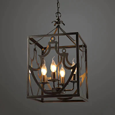 Black 4 Bulbs Ceiling Light Fixture Farmhouse Style Metal Rectangle Cage Chandelier Lighting Over