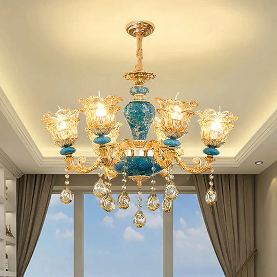Layered Flower Amber Glass Chandelier Traditional 6 Lights Bedroom Ceiling Suspension Lamp In Blue