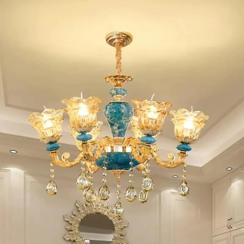 Layered Flower Amber Glass Chandelier Traditional 6 Lights Bedroom Ceiling Suspension Lamp In Blue