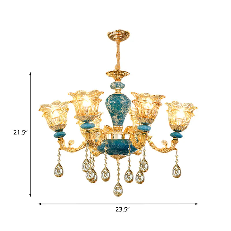 Layered Flower Amber Glass Chandelier Traditional 6 Lights Bedroom Ceiling Suspension Lamp In Blue