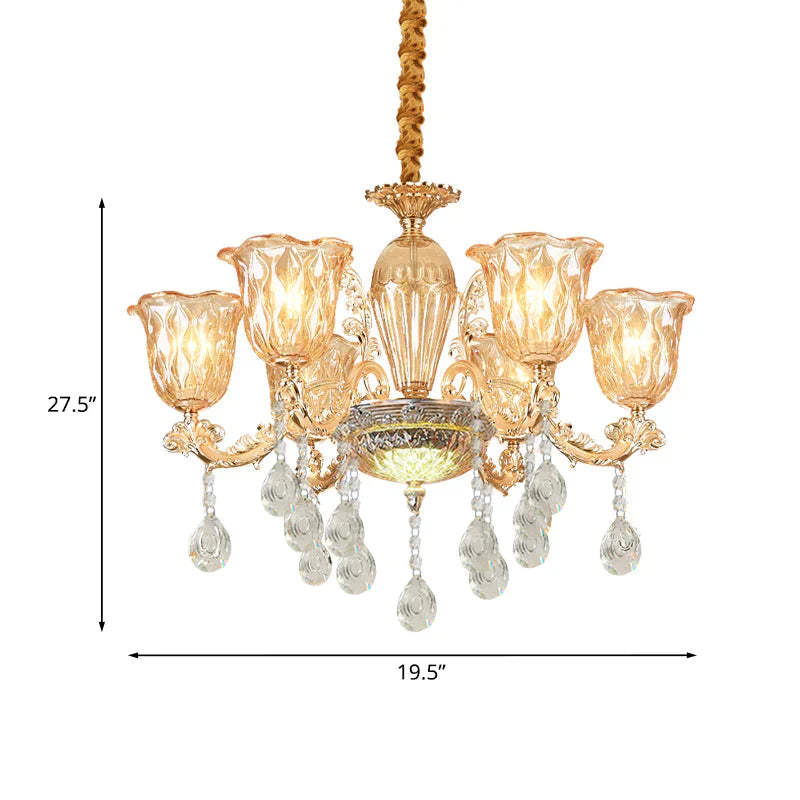 6 Bulbs Bell Up Chandelier Traditional Gold Clear Pebble Glass Hanging Light Fixture Over Table