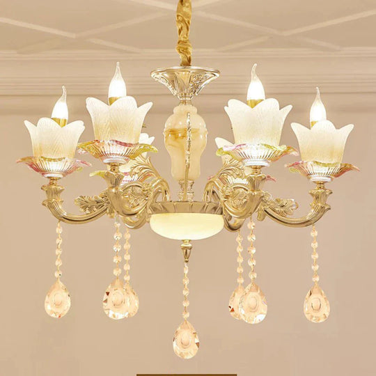Floral Family Room Ceiling Chandelier Antique White Glass 6 - Head Gold Hanging Light Fixture