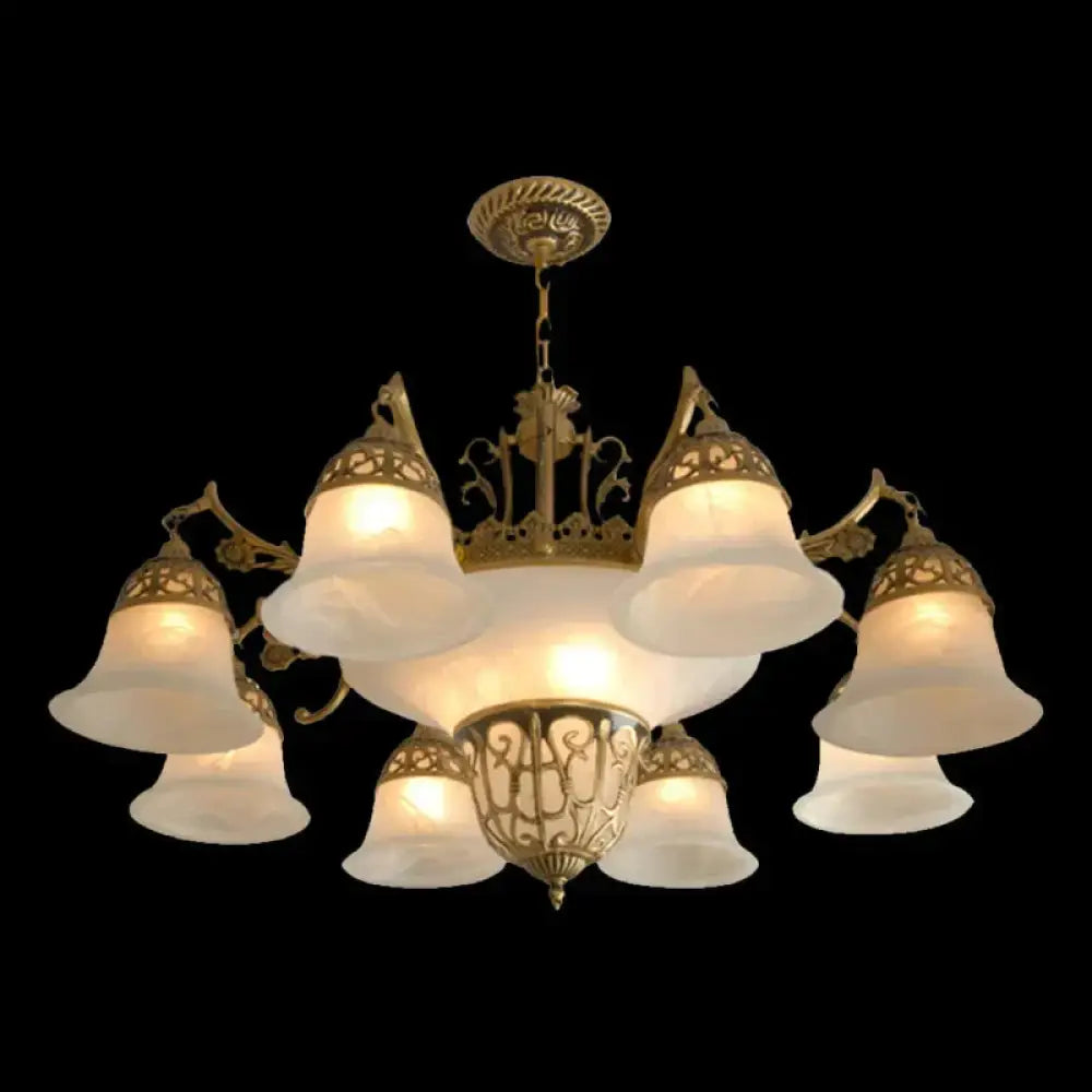 11 Bulbs Down Chandelier Retro Living Room Hanging Light Kit With Bell Alabaster Glass Shade In