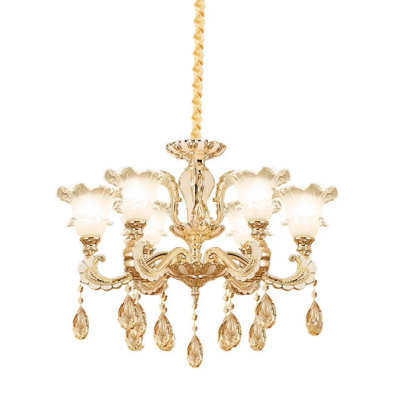 Frosted Glass Gold Pendant Light Ruffle 6 Heads Traditional Chandelier Lamp For Dining Room