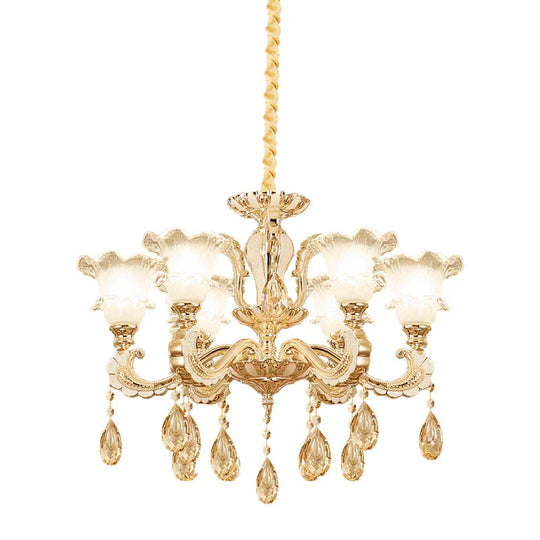 Frosted Glass Gold Pendant Light Ruffle 6 Heads Traditional Chandelier Lamp For Dining Room