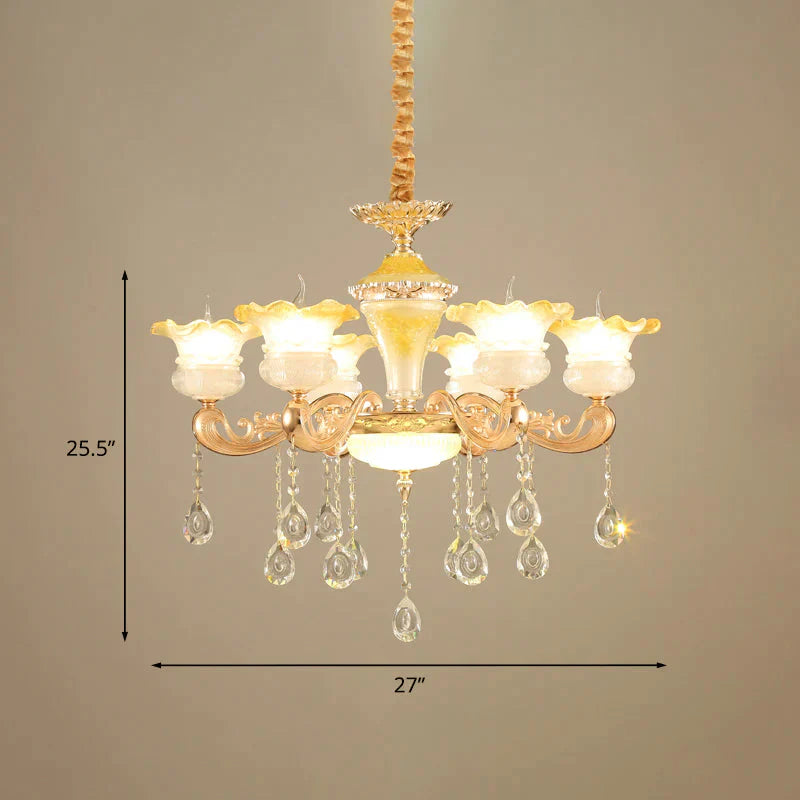 Fading Yellow Glass Ruffle Chandelier Postmodern 6 Lights Hotel Hanging Lamp In Gold