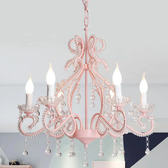 Crystal Beaded Pink Chandelier Lamp Candlestick 6 Lights Modern Pendant Light Fixture