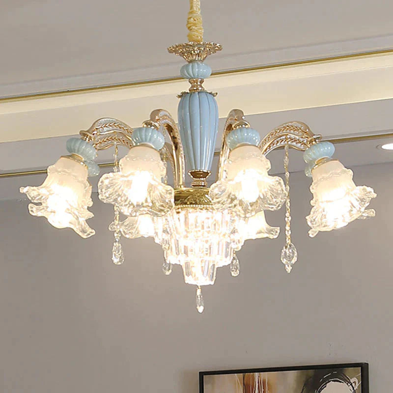 Drooping Flower Frosted Glass Drop Lamp Rustic 6 Heads Bedroom Ceiling Chandelier In Blue