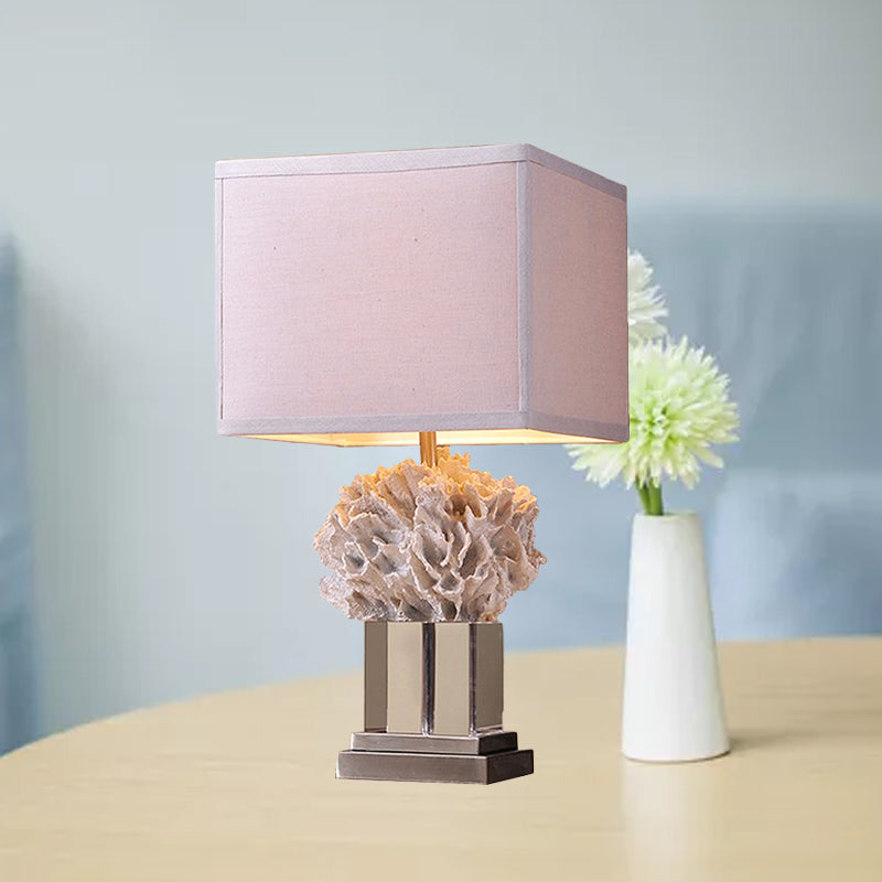 Rose - Rustic Single Resin Night Table Lamp White Seaweed Bedroom Nightstand Light With Cube Fabric