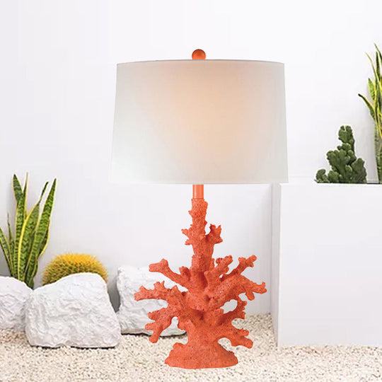 Arya - Green/Red Resin Table Lighting Coral 1 Bulb Countryside Night Stand Lamp With Drum Fabric