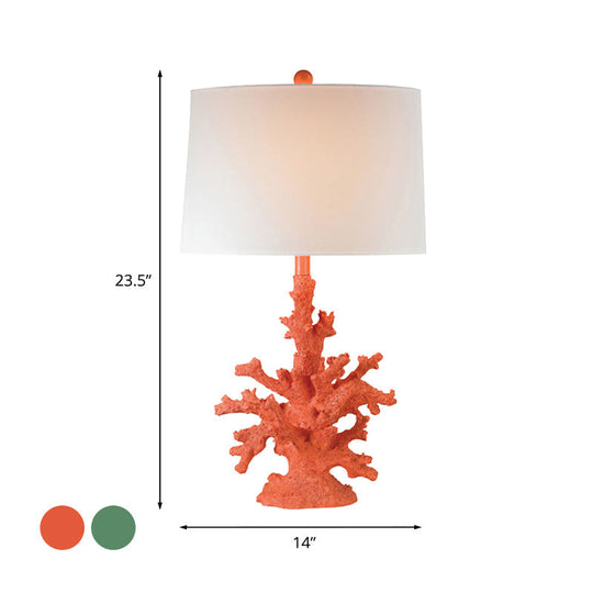 Arya - Green/Red Resin Table Lighting Coral 1 Bulb Countryside Night Stand Lamp With Drum Fabric