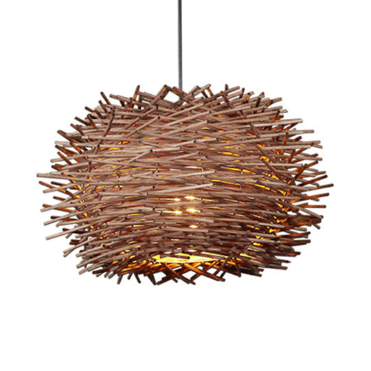 Luna - Rustic Wood Bird Nest Hanging Light Farmhouse Single Luminaire Lighting In Brown/Wood For