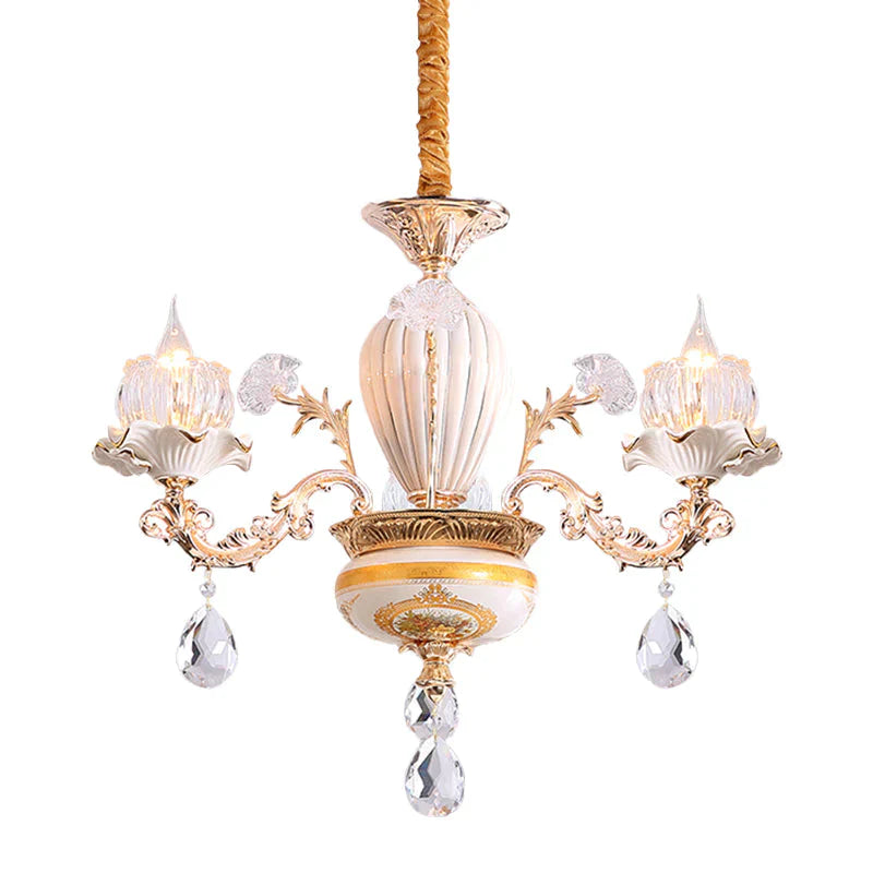 3 Bulbs Ceiling Chandelier Postmodern Flower Buds Crystal Hanging Light With Ceramic Accent Gold