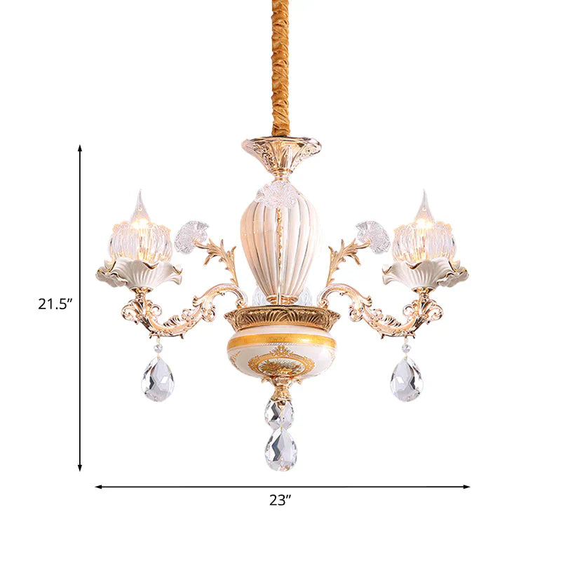3 Bulbs Ceiling Chandelier Postmodern Flower Buds Crystal Hanging Light With Ceramic Accent Gold