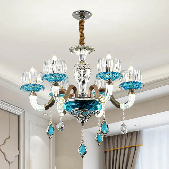 Mid - Century Lotus Buds Chandelier 6 Bulbs Clear And Blue Crystal Suspension Light For Restaurant