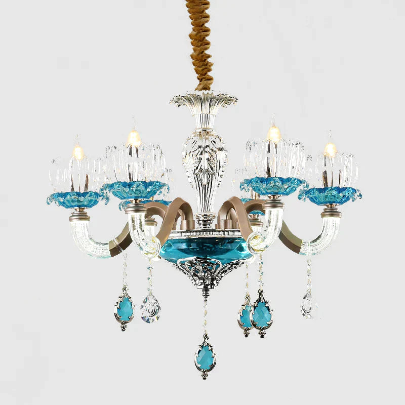 Mid - Century Lotus Buds Chandelier 6 Bulbs Clear And Blue Crystal Suspension Light For Restaurant