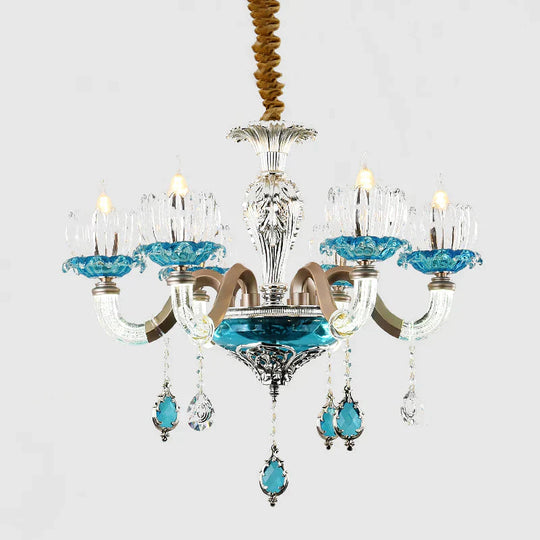 Mid - Century Lotus Buds Chandelier 6 Bulbs Clear And Blue Crystal Suspension Light For Restaurant