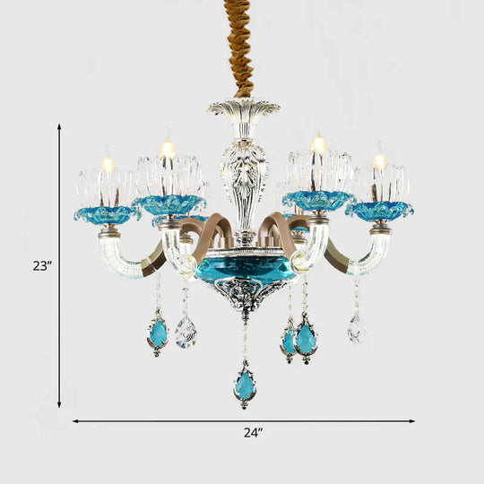 Mid - Century Lotus Buds Chandelier 6 Bulbs Clear And Blue Crystal Suspension Light For Restaurant