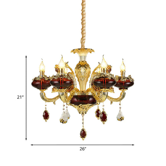 Red Glass Candelabra Chandelier Vintage 6 - Head Suspended Lighting Fixture Over Dining Table