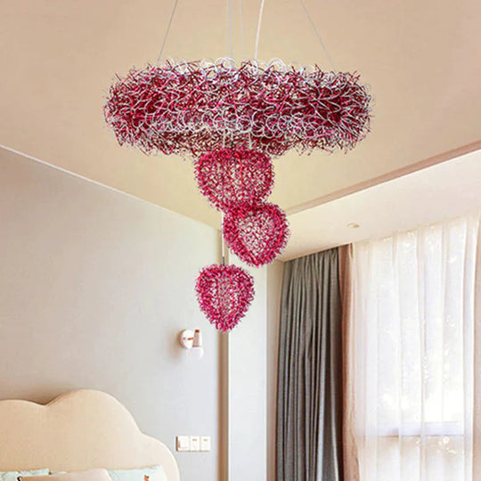 Loving Heart Pendant Chandelier Nordic Style Metal Wire 7 Heads Rose Red Pendulum Lighting