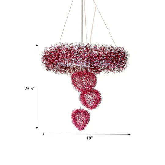 Loving Heart Pendant Chandelier Nordic Style Metal Wire 7 Heads Rose Red Pendulum Lighting