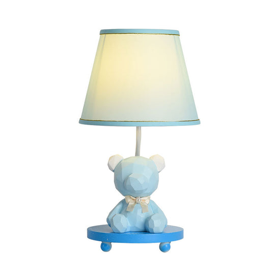Zoe - Cartoon Barrel Shade Bedside Table Lamp Fabric 1 Bulb Bear Nightstand Lighting In Blue/Pink
