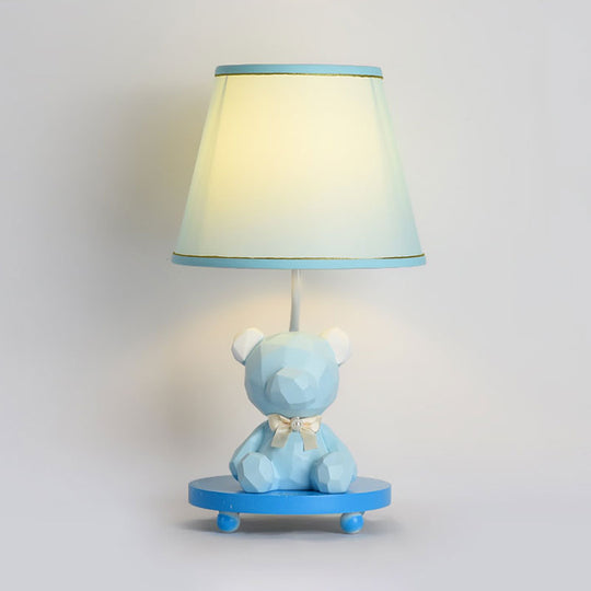 Zoe - Cartoon Barrel Shade Bedside Table Lamp Fabric 1 Bulb Bear Nightstand Lighting In Blue/Pink