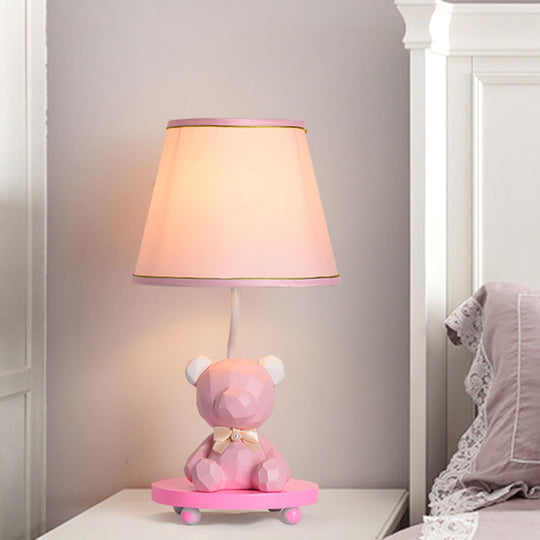 Zoe - Cartoon Barrel Shade Bedside Table Lamp Fabric 1 Bulb Bear Nightstand Lighting In Blue/Pink