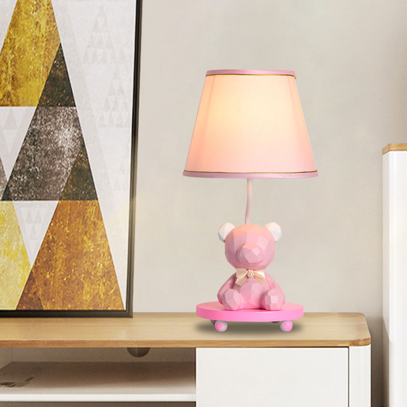 Zoe - Cartoon Barrel Shade Bedside Table Lamp Fabric 1 Bulb Bear Nightstand Lighting In Blue/Pink