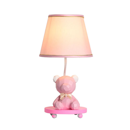 Zoe - Cartoon Barrel Shade Bedside Table Lamp Fabric 1 Bulb Bear Nightstand Lighting In Blue/Pink