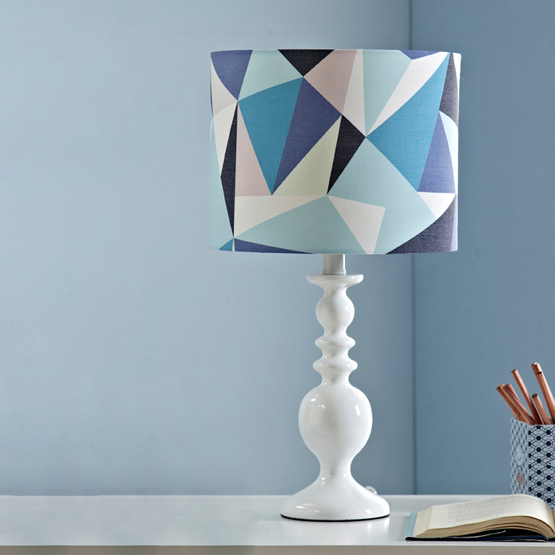 Justine - Geometric Drum Shade Night Table Light Kids Fabric 1 Head Pink/Blue Nightstand Lamp With