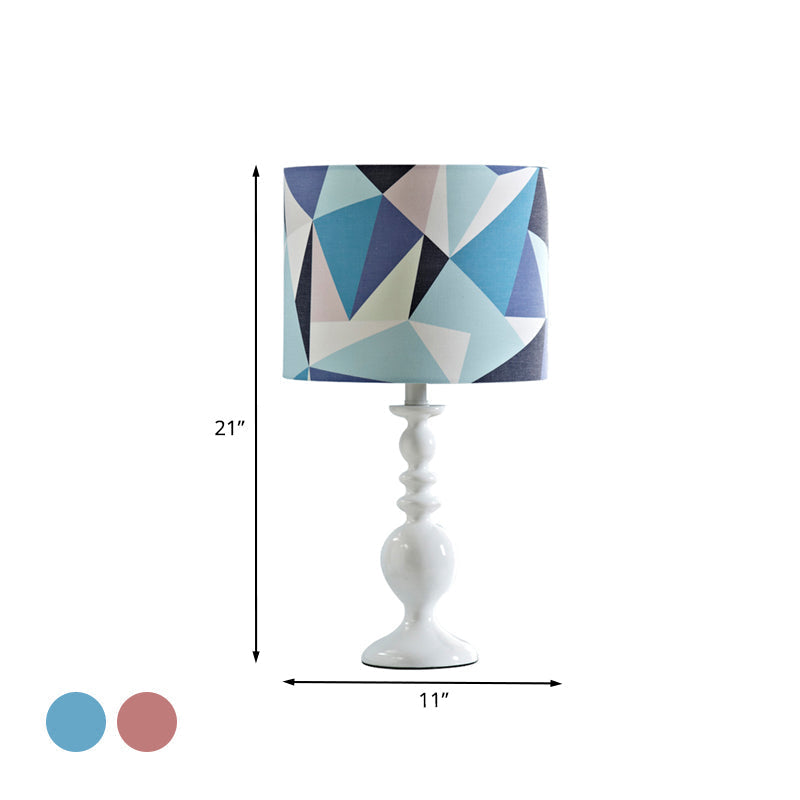 Justine - Geometric Drum Shade Night Table Light Kids Fabric 1 Head Pink/Blue Nightstand Lamp With