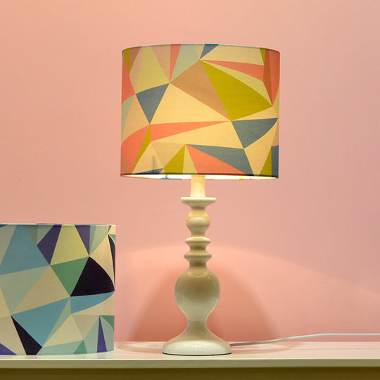 Justine - Geometric Drum Shade Night Table Light Kids Fabric 1 Head Pink/Blue Nightstand Lamp With