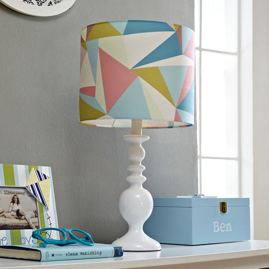 Justine - Geometric Drum Shade Night Table Light Kids Fabric 1 Head Pink/Blue Nightstand Lamp With