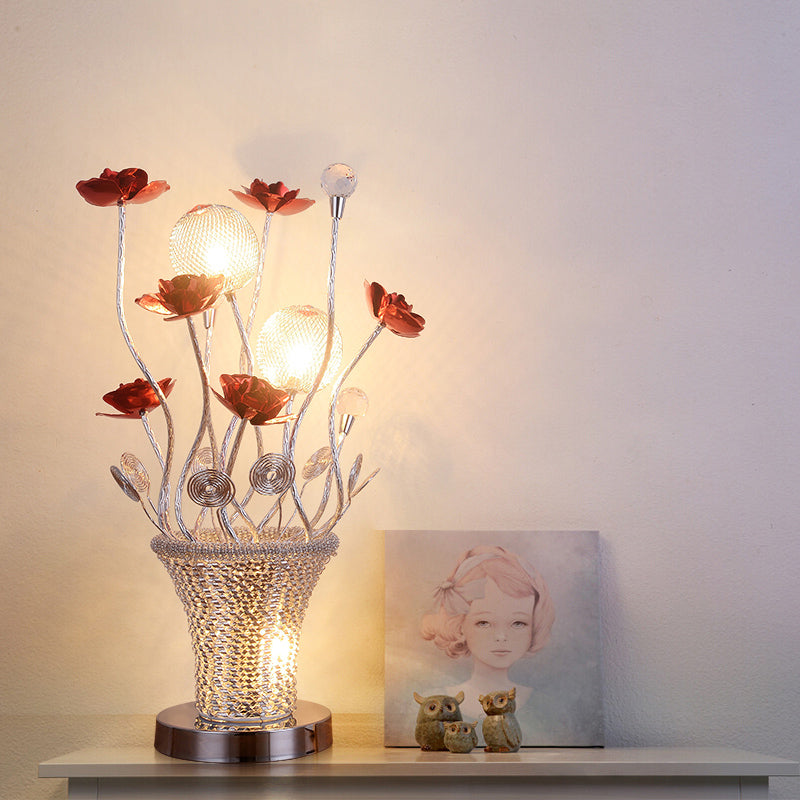 Zoé - Led Potted - Flower Nightstand Light Country Red And Chrome Finish Aluminum Wire Table Lamp