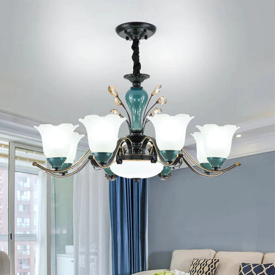 Flower Shade Suspension Lamp Countryside 3/6/8 - Head Milky Glass Pendant Chandelier In Green 8 /
