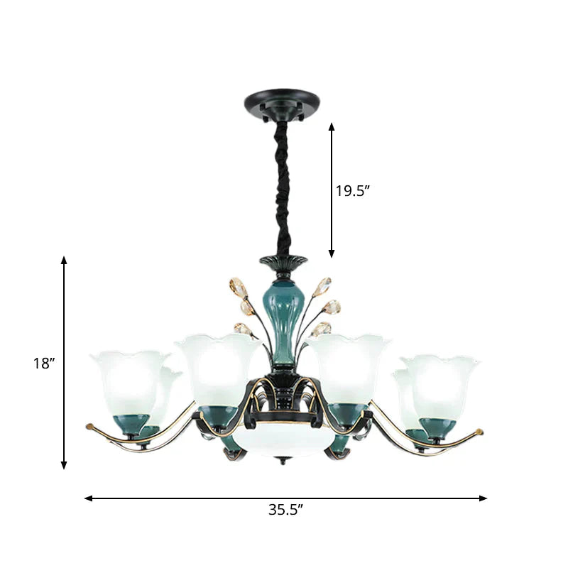Flower Shade Suspension Lamp Countryside 3/6/8 - Head Milky Glass Pendant Chandelier In Green