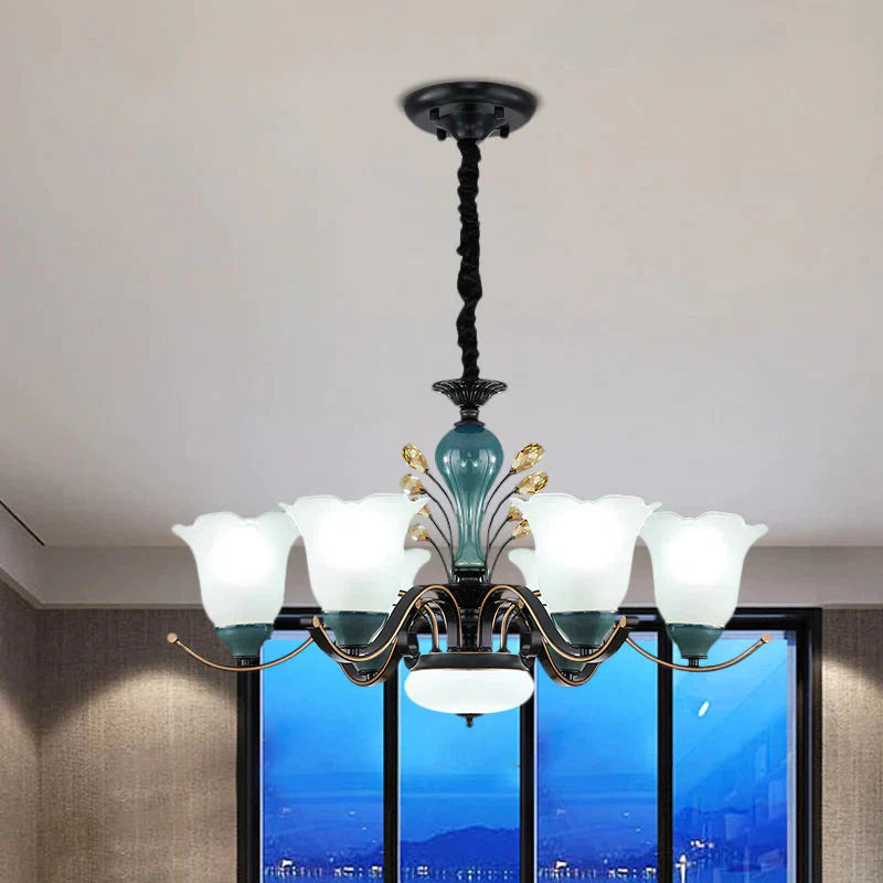 Flower Shade Suspension Lamp Countryside 3/6/8 - Head Milky Glass Pendant Chandelier In Green 6 /
