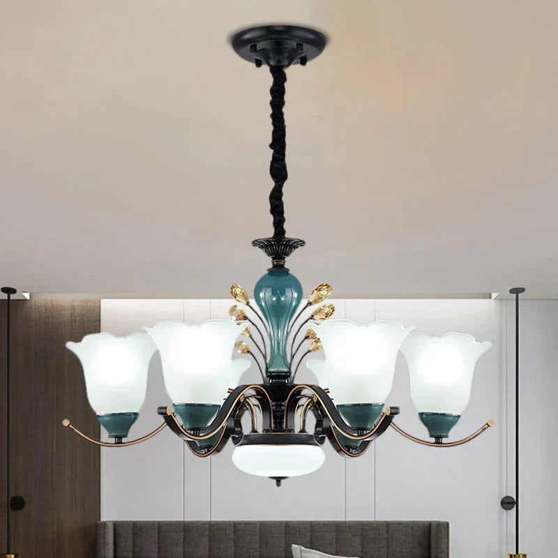 Flower Shade Suspension Lamp Countryside 3/6/8 - Head Milky Glass Pendant Chandelier In Green