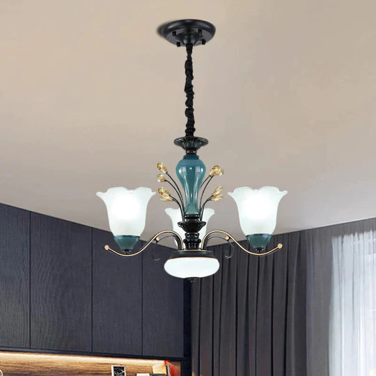 Flower Shade Suspension Lamp Countryside 3/6/8 - Head Milky Glass Pendant Chandelier In Green 3 /
