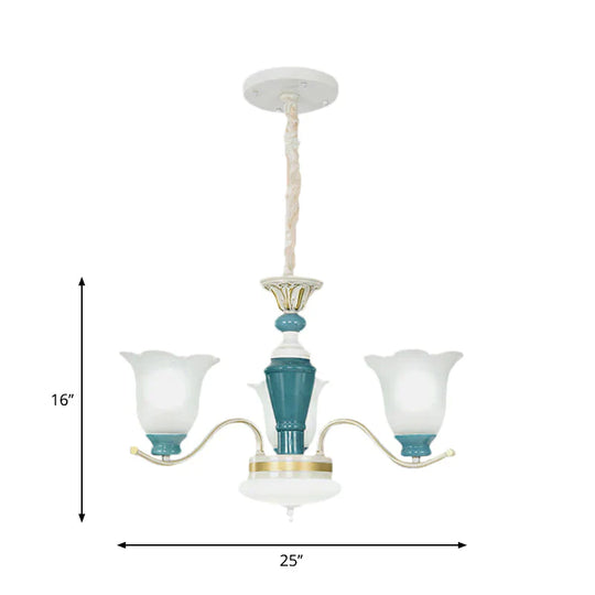 Green Flower Shade Ceiling Hang Fixture Countryside Style Cream Glass 3/6 - Light Bedroom Pendant